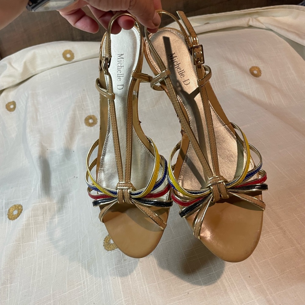 Michelle D Gold Slingback Heels with Multicolor Braided Straps